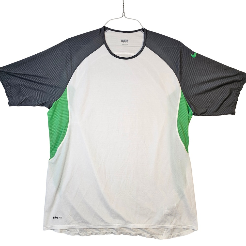 Nike FIT DRY Mens XL White Grey Green Raglan Mesh Performance Training Shirt